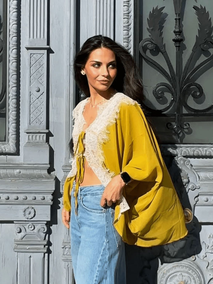 Yelena Lace Tie Up Top - Yellow
