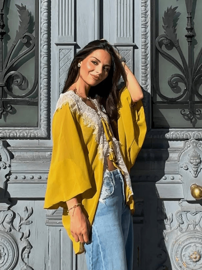 Yelena Lace Tie Up Top - Yellow