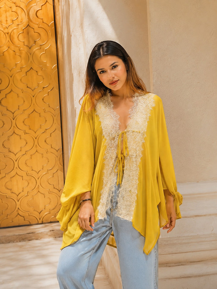 Yelena Lace Tie Up Top - Yellow