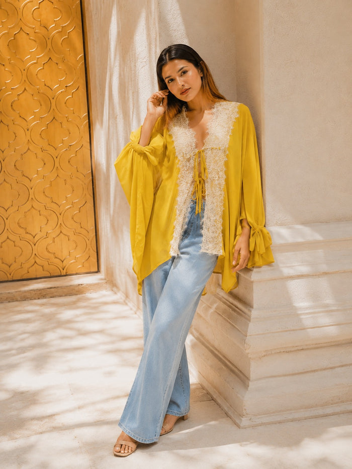 Yelena Lace Tie Up Top - Yellow