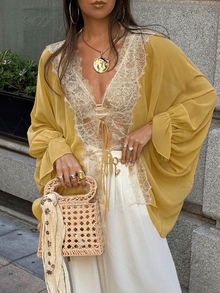 Yelena Lace Tie Up Top - Yellow