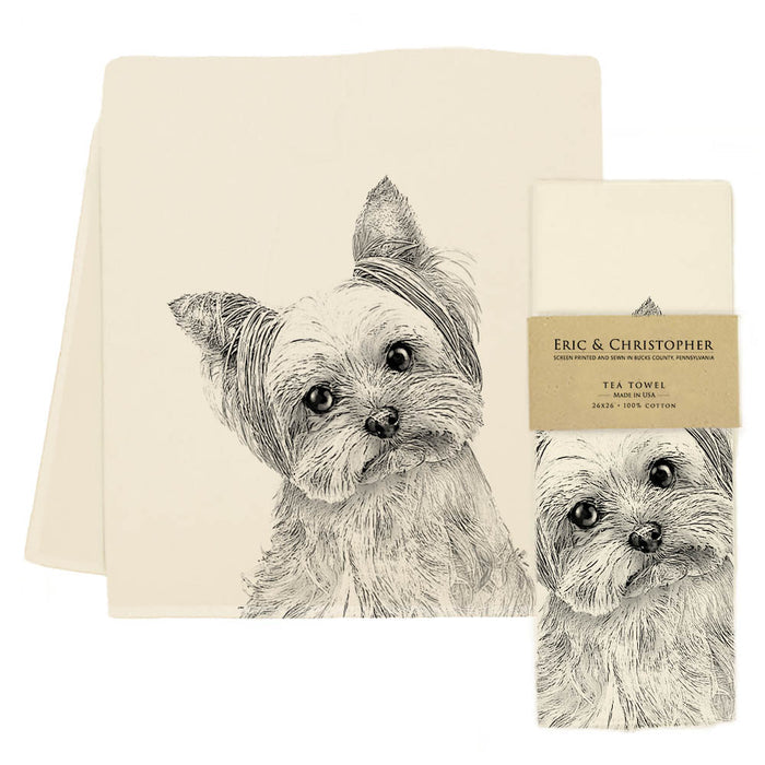 Tea towel with dog illustration and Eric & Christopher branding.