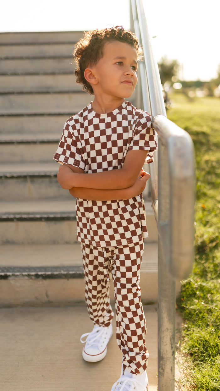 Youth Jogger Set In Cream + Brown Checkered