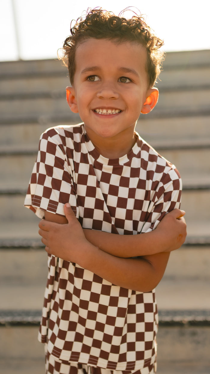 Youth Jogger Set In Cream + Brown Checkered