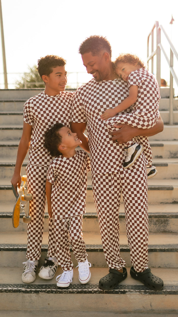 Youth Jogger Set In Cream + Brown Checkered