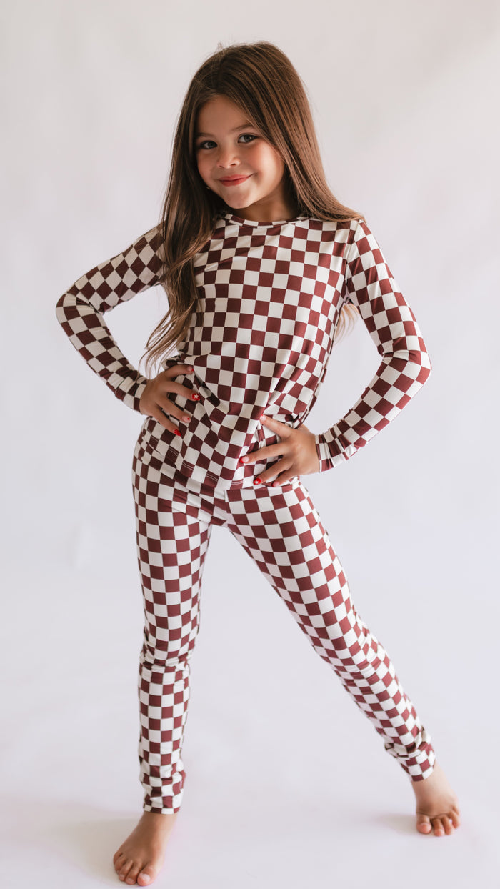 Youth Pajama Set in Cream + Brown Checkered