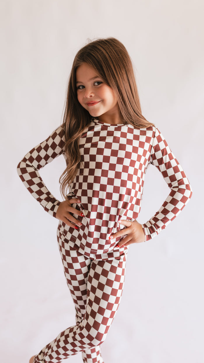 Youth Pajama Set in Cream + Brown Checkered