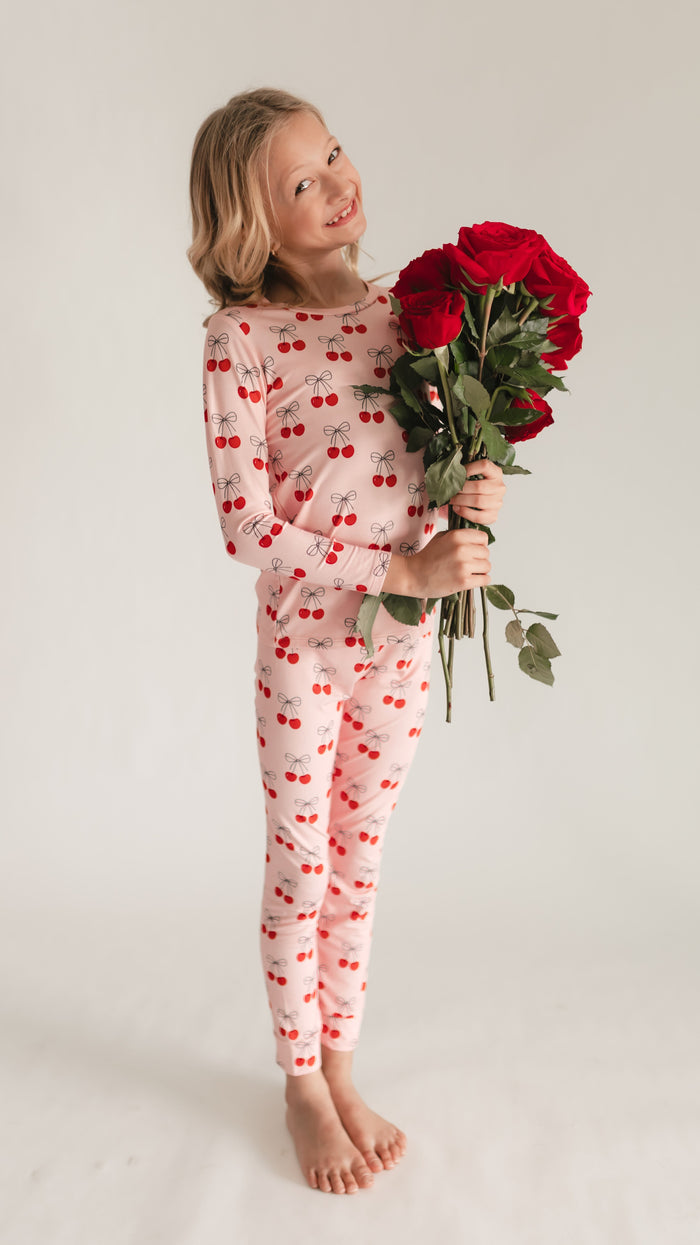 Youth Pajama Set in Pink Cherry Bows