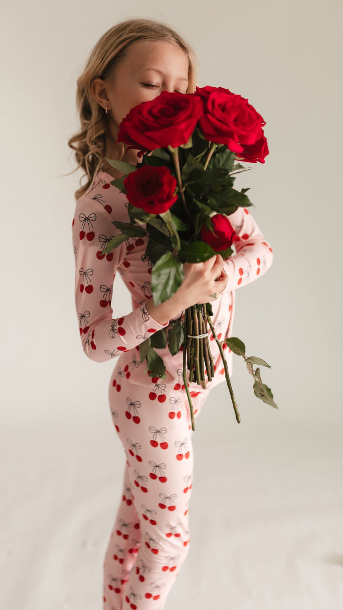 Youth Pajama Set in Pink Cherry Bows