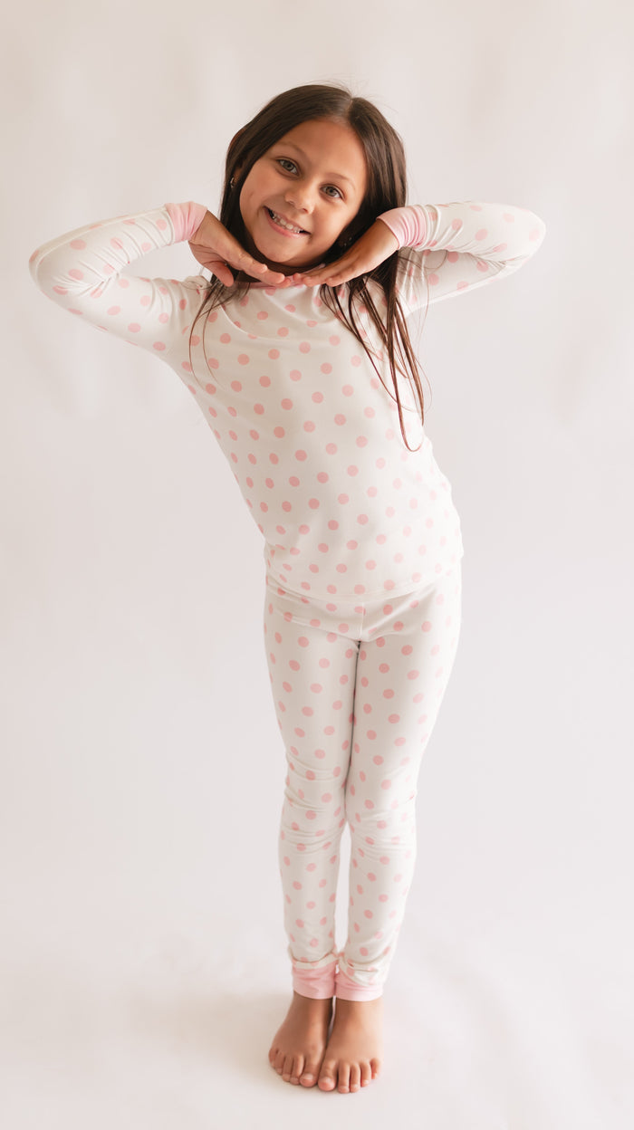 Youth Pajama Set in White & Pink Polka Dot