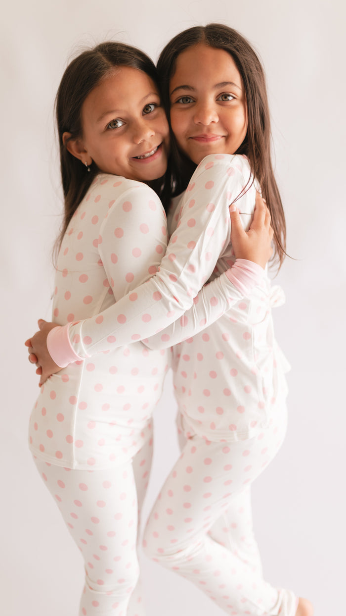 Youth Pajama Set in White & Pink Polka Dot