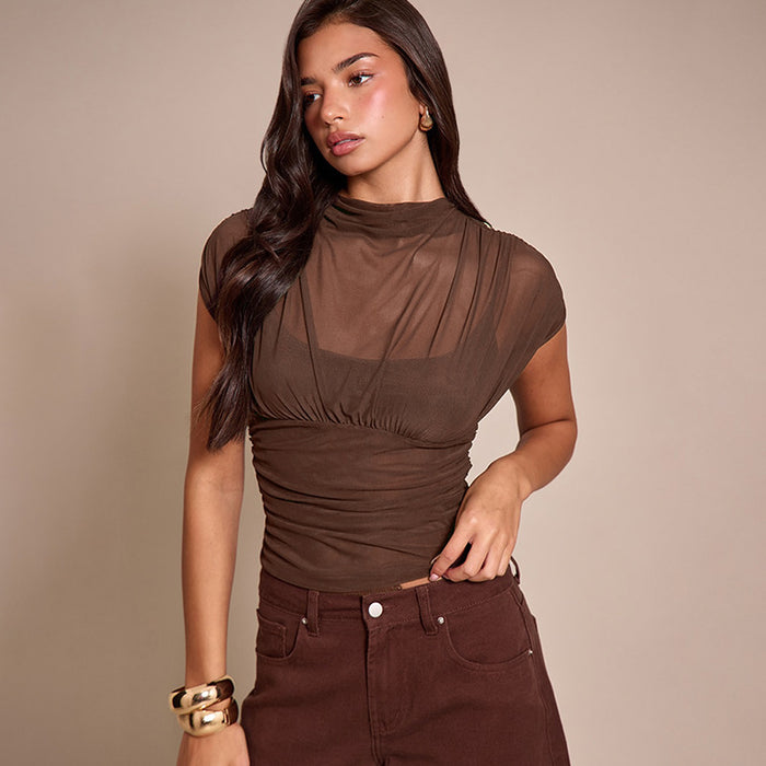 Zeke Sheer Neck Top - Brown