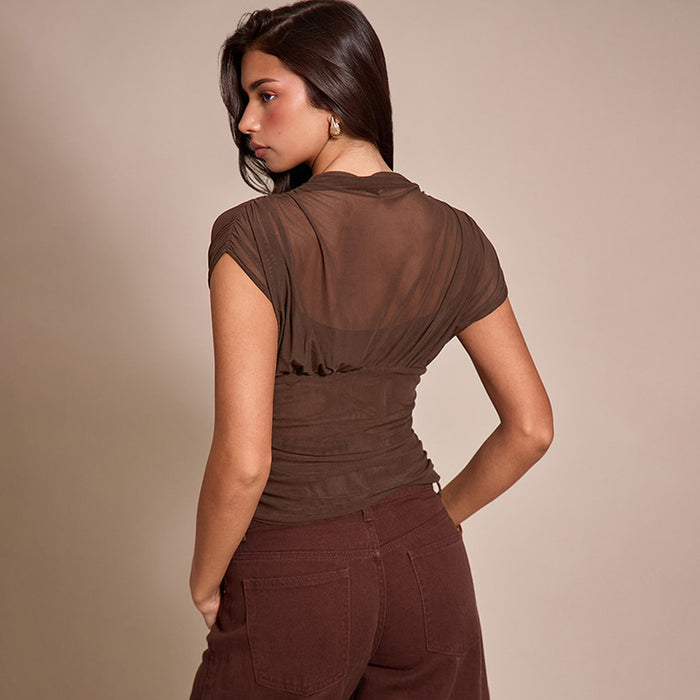 Zeke Sheer Neck Top - Brown
