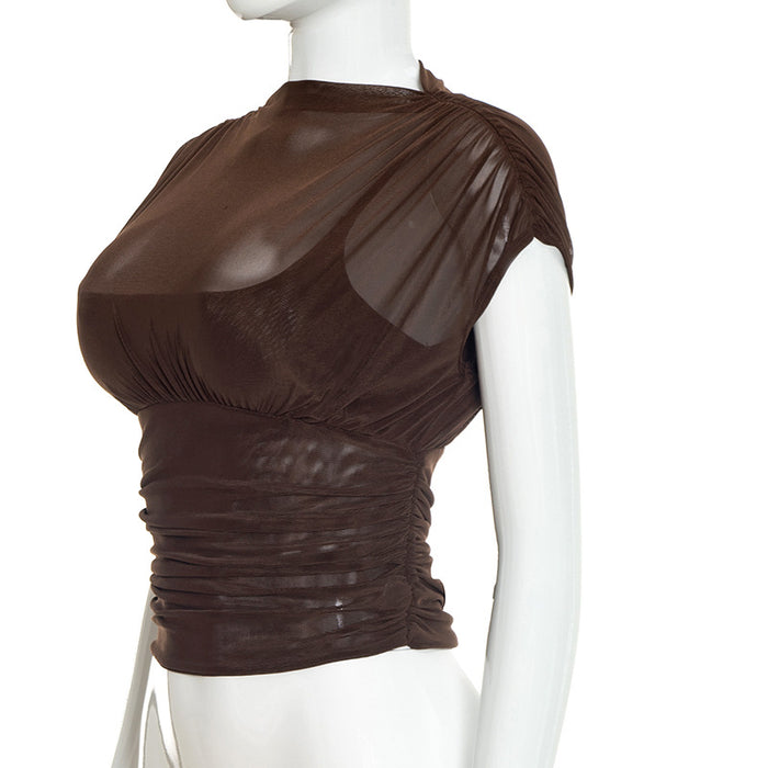 Zeke Sheer Neck Top - Brown