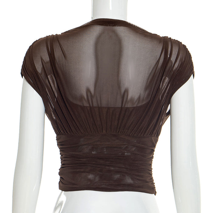 Zeke Sheer Neck Top - Brown