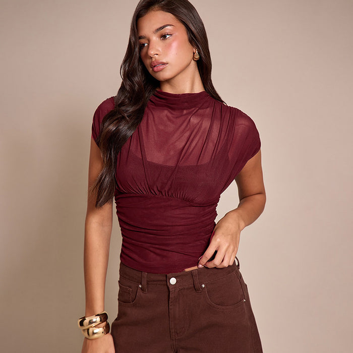 Zeke Sheer Neck Top - Burgundy