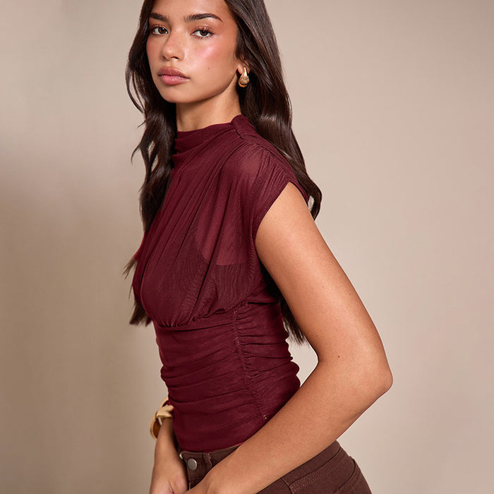 Zeke Sheer Neck Top - Burgundy