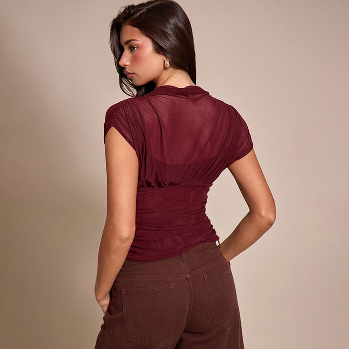 Zeke Sheer Neck Top - Burgundy