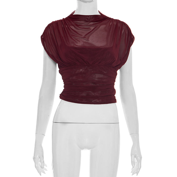 Zeke Sheer Neck Top - Burgundy