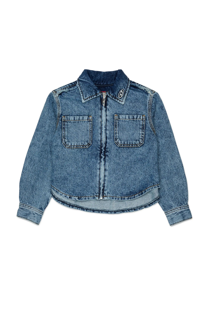 Zip-up denim shirt with frayed detail