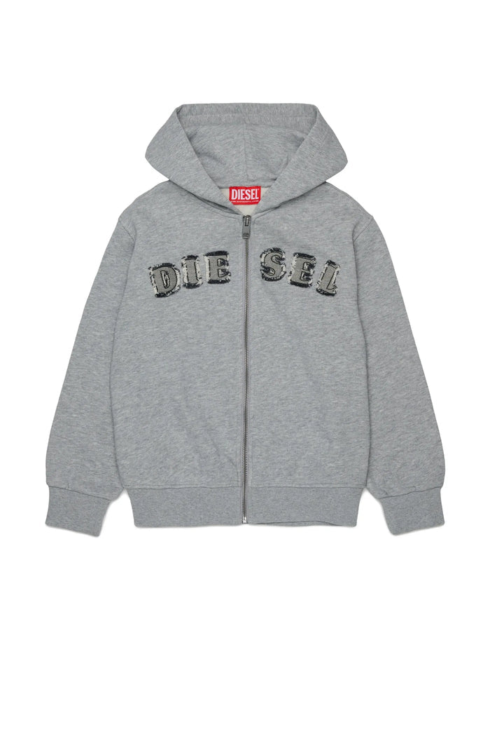 Zip-up hoodie with frayed logo letters
