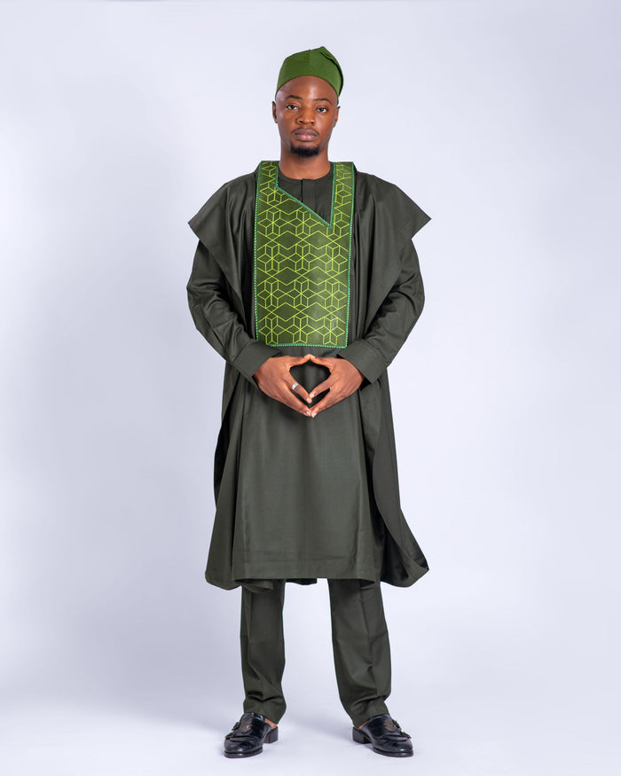 Zubair Men’s Embroidered Agbada Set – Olive Green