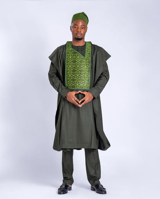 Zubair Men’s Embroidered Agbada Set – Olive Green