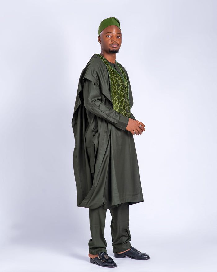 Zubair Men’s Embroidered Agbada Set – Olive Green