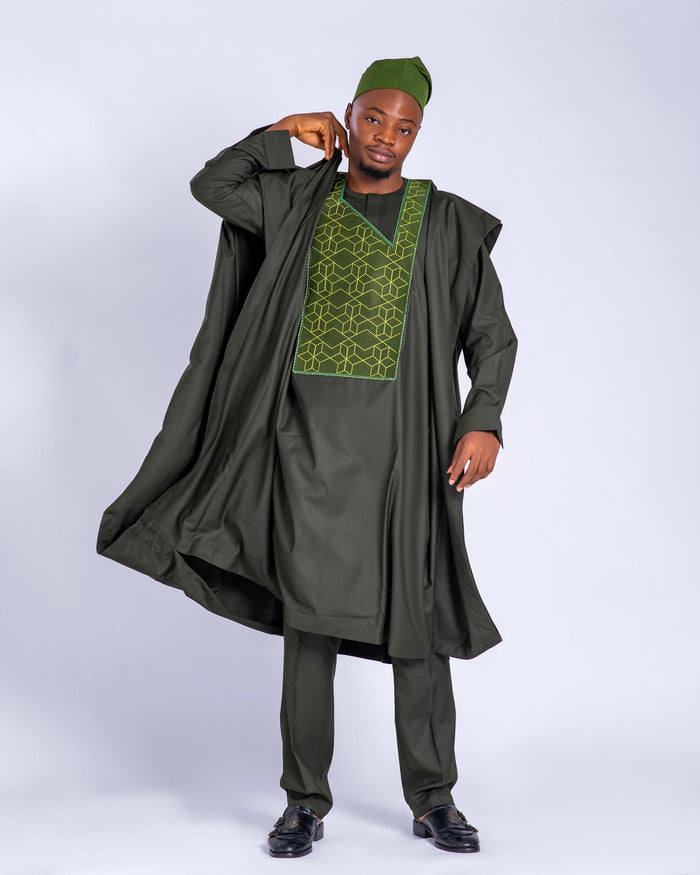 Zubair Men’s Embroidered Agbada Set – Olive Green